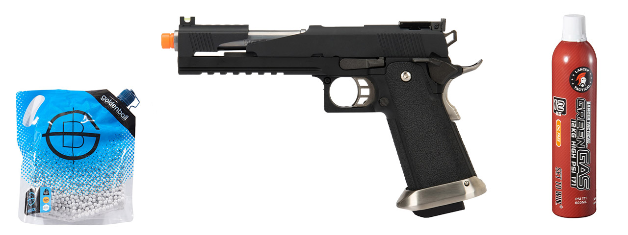 WE Tech 1911 Hi-Capa T-Rex Competition Gas Blowback Airsoft Pistol - Green Gas Combo - (Black/Silver)