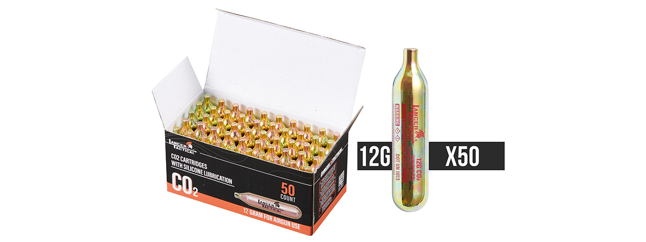 Lancer Tactical High Pressure 12 Gram CO2 Cartridges w/ Silicone Oil for Airsoft / Airguns - (Pack of 50)