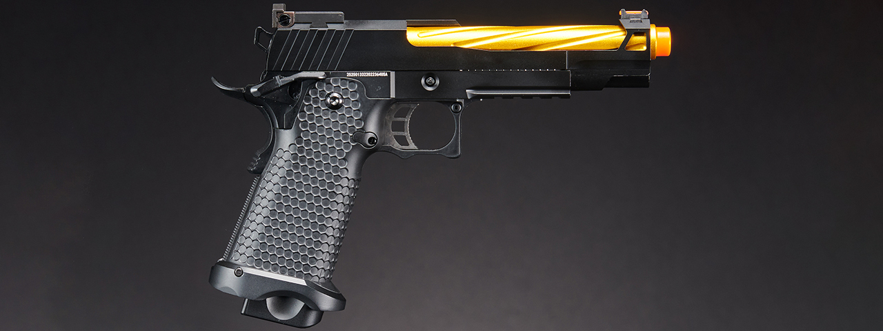 Golden Eagle 3337 OTS .45 Hi-Capa Gas Blowback Pistol w/ Open Slide (Color: Black / Gold Barrel)