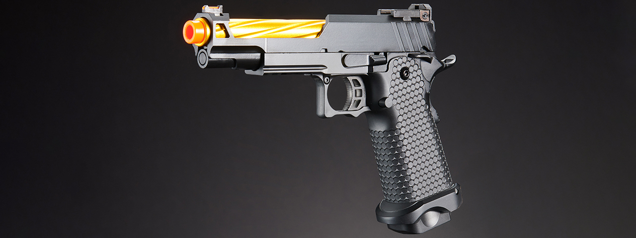 Golden Eagle 3337 OTS .45 Hi-Capa Gas Blowback Pistol w/ Open Slide (Color: Black / Gold Barrel)