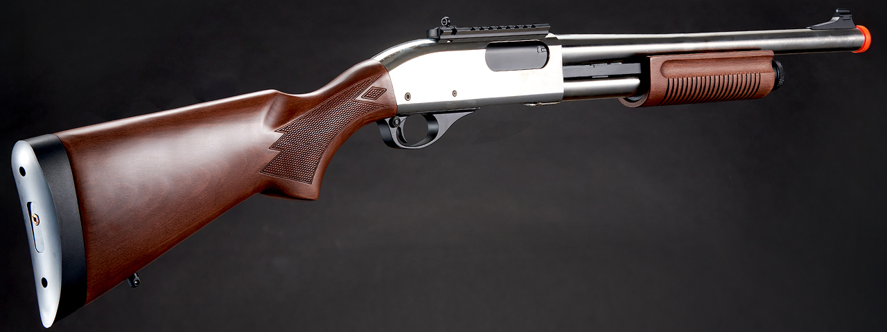 Golden Eagle M8870 3/6-Shot Pump Action Gas Airsoft Shotgun w/ Ghost Ring Iron Sights - (Silver/Wood)