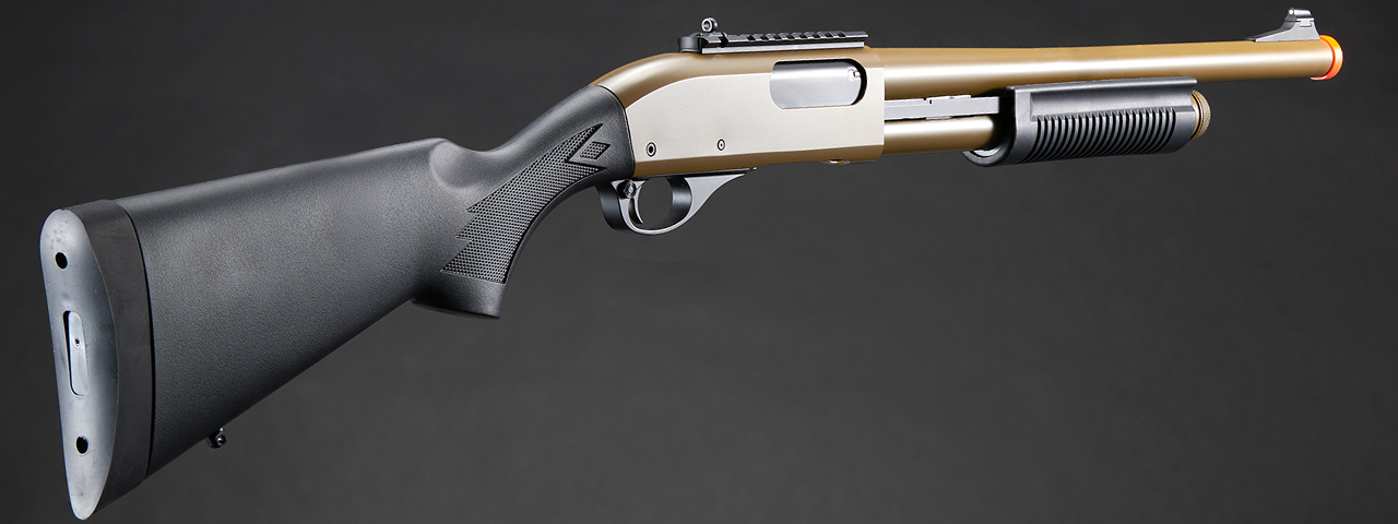 Golden Eagle M8870 3/6-Shot Pump Action CO2 Gas Airsoft Shotgun w/ Ghost Ring Iron Sights - (Tan)