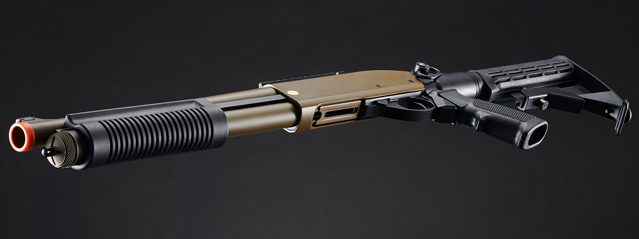 Golden Eagle M8871 3/6-Shot Pump Action Gas Airsoft Shotgun w/ Ghost Ring Iron Sights & M4 Crane Stock - (Tan)