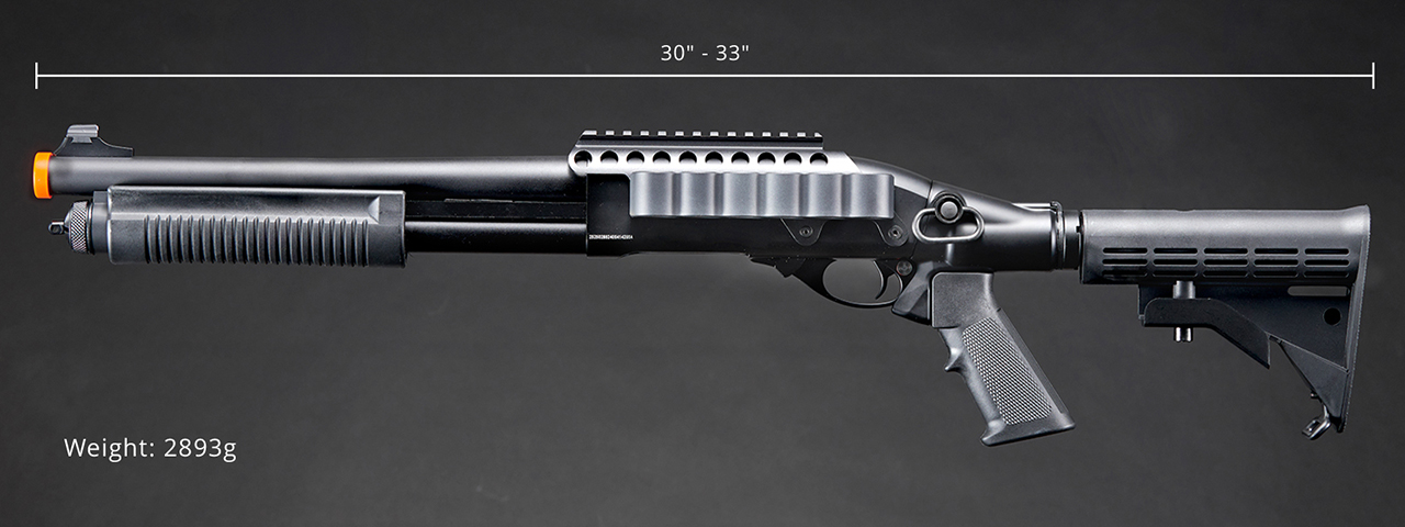 Golden Eagle M8873 3/6-Shot Pump Action CO2 Airsoft Shotgun w/ Optic Rail & M4 Crane Stock - (Black)