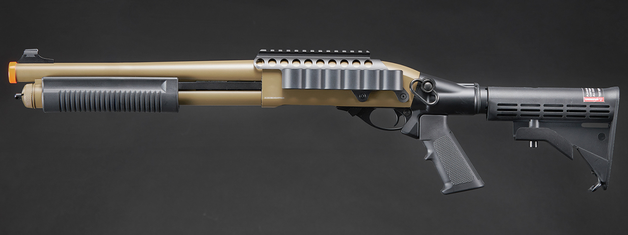 Golden Eagle M8873 3/6-Shot Pump Action CO2 Airsoft Shotgun w/ Optic Rail & M4 Crane Stock - (Tan)