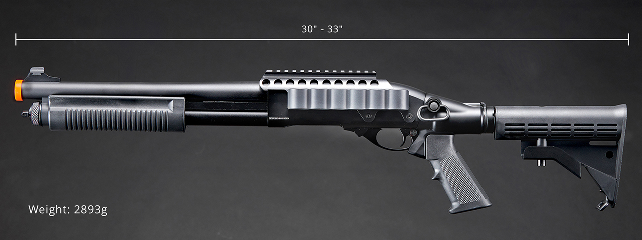 Golden Eagle M8873 3/6-Shot Pump Action Gas Airsoft Shotgun w/ Optic Rail & M4 Crane Stock - (Black)