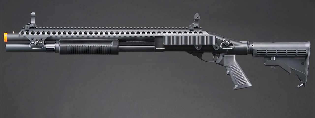 Golden Eagle M8874 3/6-Shot Pump Action Gas Airsoft Shotgun w/ Flip Up Sights, Picatinny Rail & M4 Crane Stock - (Black)