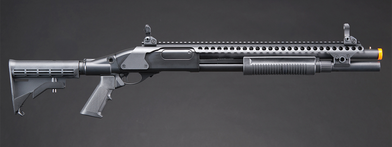 Golden Eagle M8874 3/6-Shot Pump Action Gas Airsoft Shotgun w/ Flip Up Sights, Picatinny Rail & M4 Crane Stock - (Black)