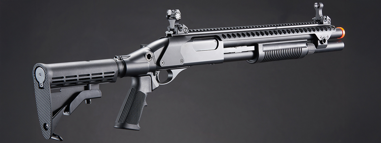 Golden Eagle M8874 3/6-Shot Pump Action Gas Airsoft Shotgun w/ Flip Up Sights, Picatinny Rail & M4 Crane Stock - (Black)