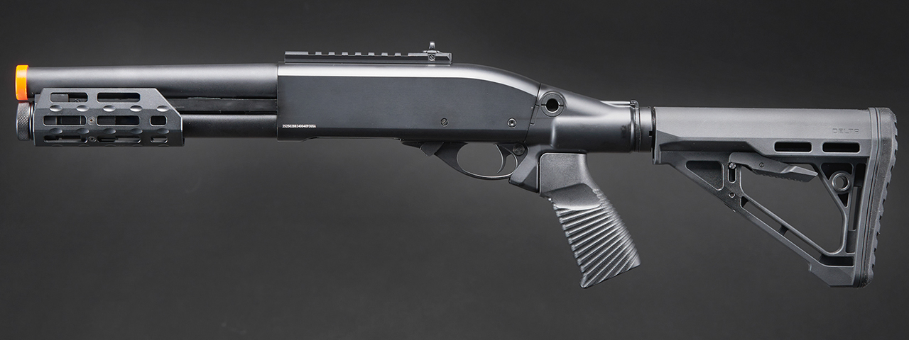 Golden Eagle M8878 3/6-Shot Pump Action Gas Airsoft Sawed-Off Shotgun w/ M-LOK Forend & Delta Stock - (Black)