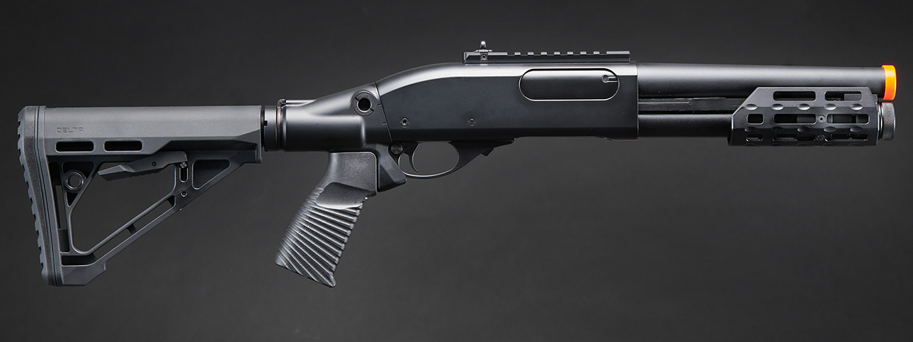 Golden Eagle M8878 3/6-Shot Pump Action Gas Airsoft Sawed-Off Shotgun w/ M-LOK Forend & Delta Stock - (Black)