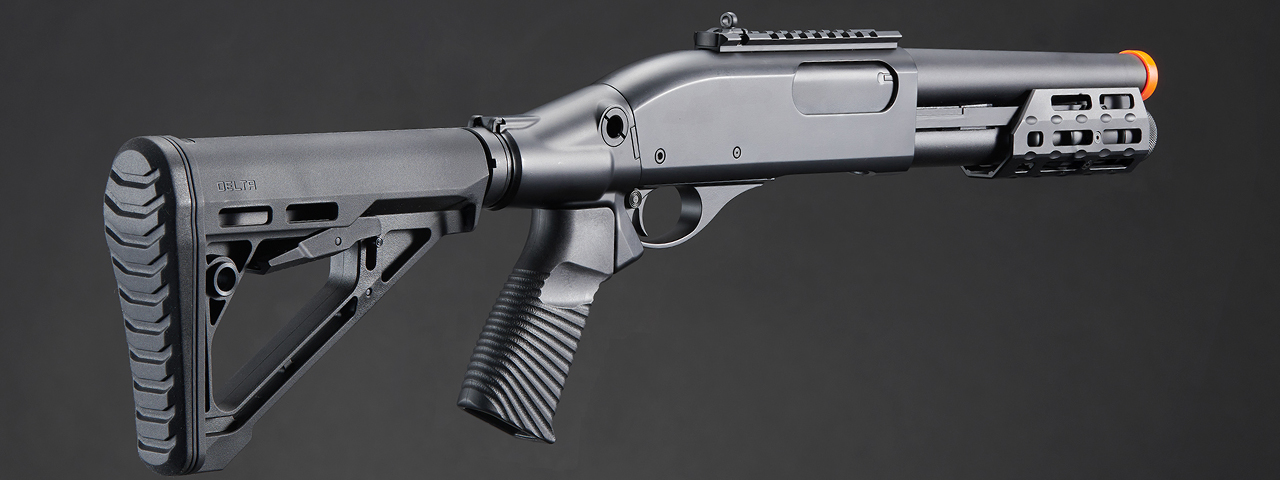 Golden Eagle M8878 3/6-Shot Pump Action Gas Airsoft Sawed-Off Shotgun w/ M-LOK Forend & Delta Stock - (Black)