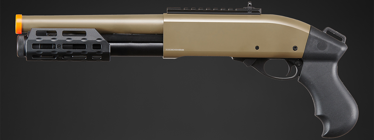 Golden Eagle M8879 3/6-Shot Pump Action Gas Airsoft Sawed-Off Shotgun w/ M-LOK Forend - (Tan)