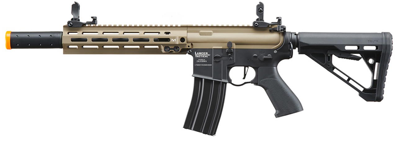 Lancer Tactical Blazer 10" M-LOK Proline Series M4 Airsoft Rifle with Delta Stock & Mock Suppressor (Color: FDE Upper Receiver & Black Lower)