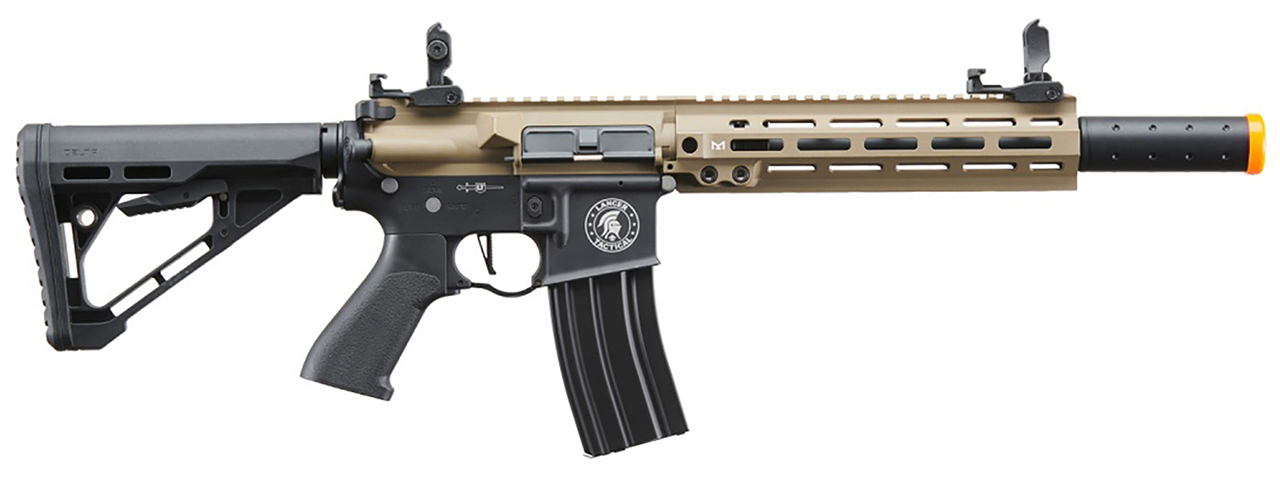 Lancer Tactical Blazer 10" M-LOK Proline Series M4 Airsoft Rifle with Delta Stock & Mock Suppressor (Color: FDE Upper Receiver & Black Lower)