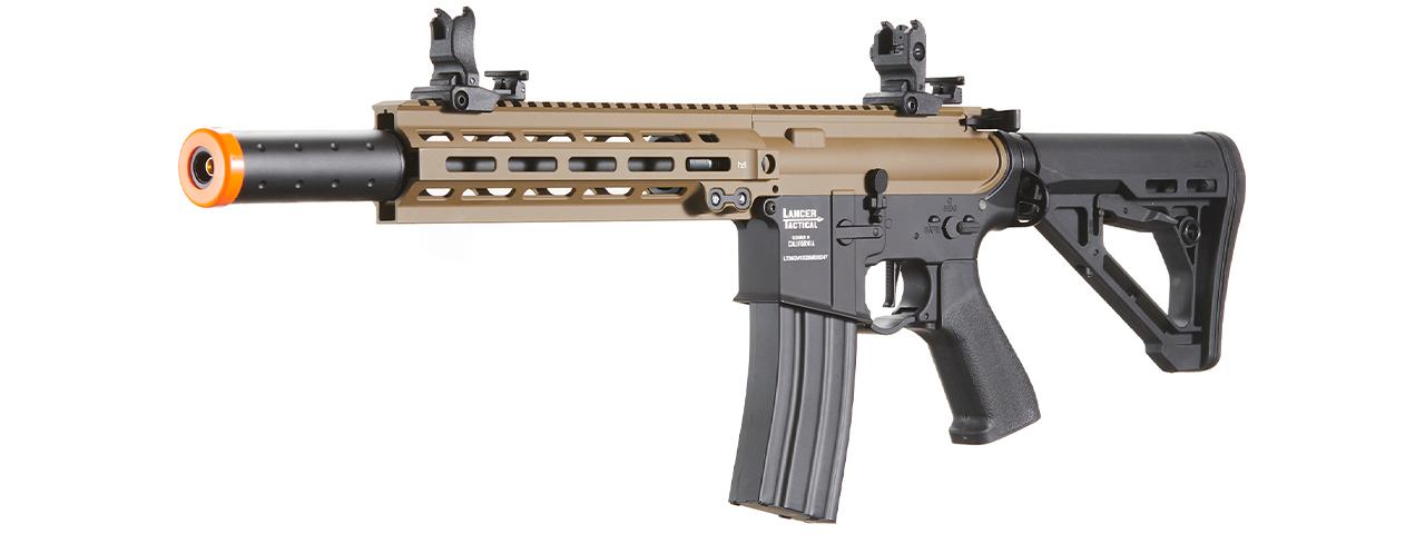 Lancer Tactical Blazer 10" M-LOK Proline Series M4 Airsoft Rifle with Delta Stock & Mock Suppressor (Color: FDE Upper Receiver & Black Lower)