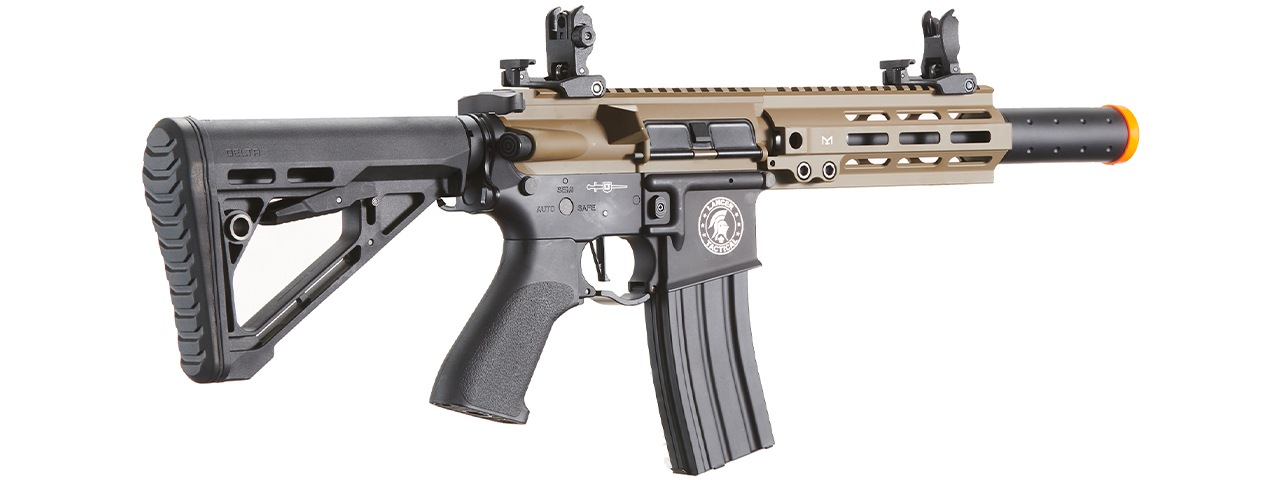 Lancer Tactical Blazer 10" M-LOK Proline Series M4 Airsoft Rifle with Delta Stock & Mock Suppressor (Color: FDE Upper Receiver & Black Lower)