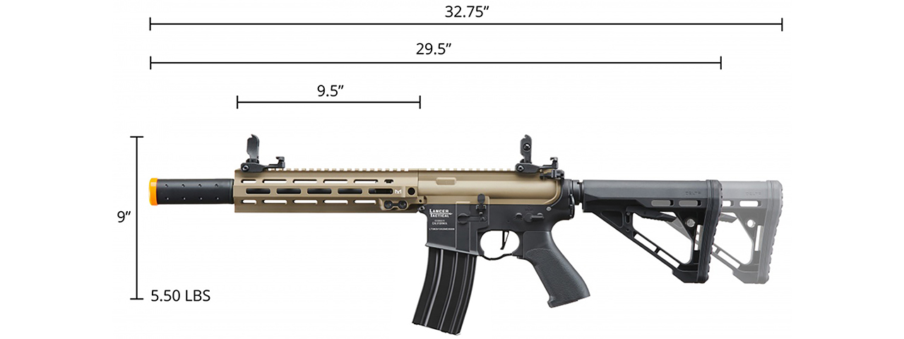 Lancer Tactical Blazer 10" M-LOK Proline Series M4 Airsoft Rifle with Delta Stock & Mock Suppressor (Color: FDE Upper Receiver & Black Lower)