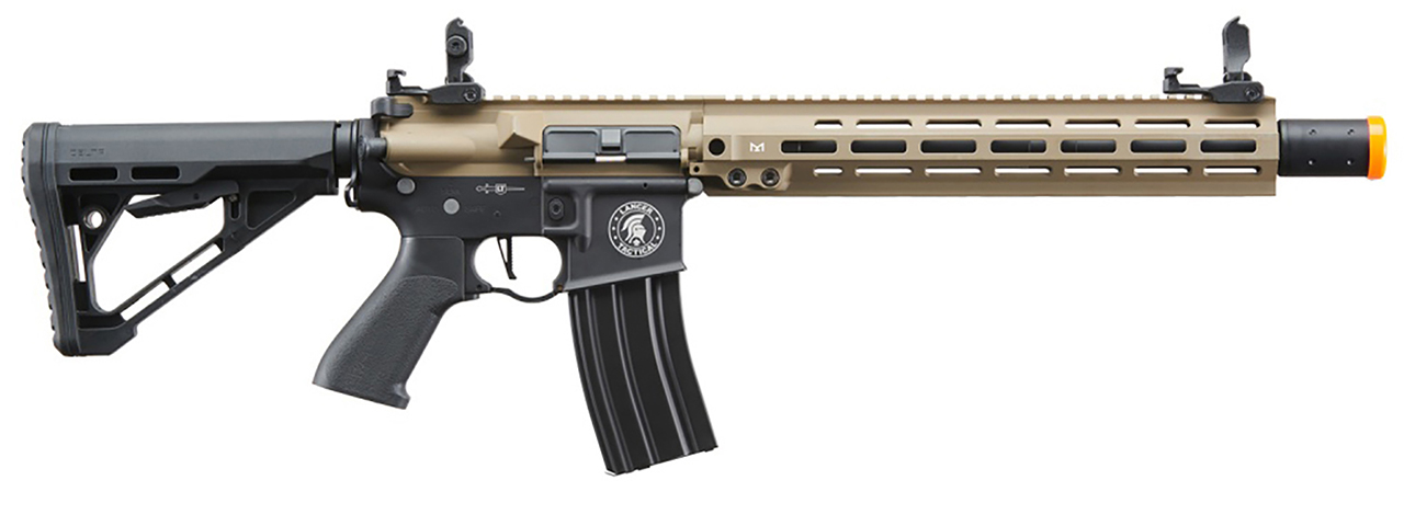 Lancer Tactical Blazer 13" M-LOK Proline Series M4 Airsoft Rifle with Delta Stock & Mock Suppressor (Color: FDE Upper Receiver & Black Lower)