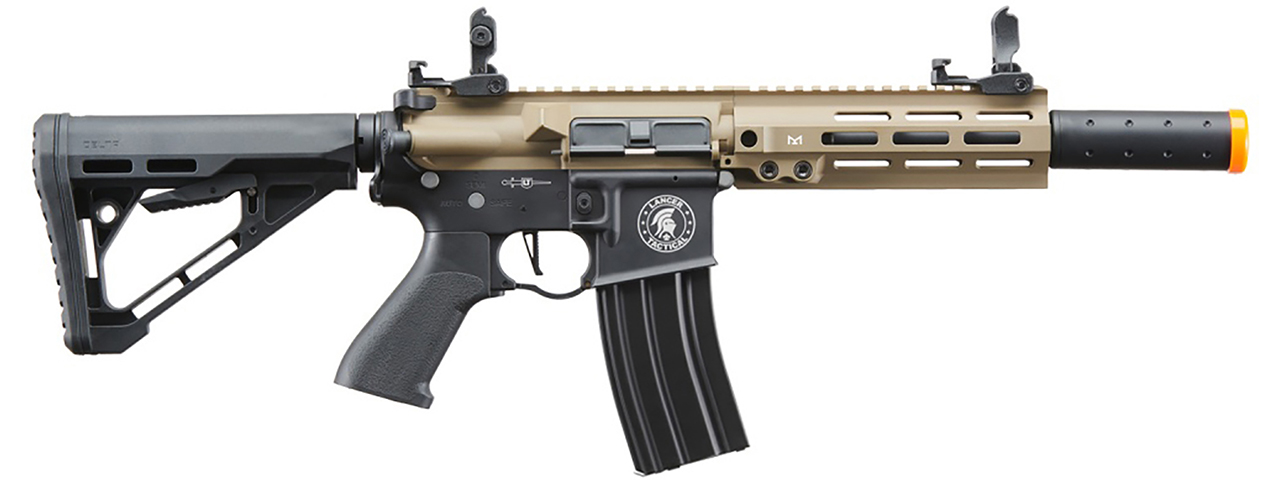 Lancer Tactical Blazer 7" M-LOK Proline Series M4 Airsoft Rifle with Delta Stock & Mock Suppressor (Color: FDE Upper Receiver & Black Lower)