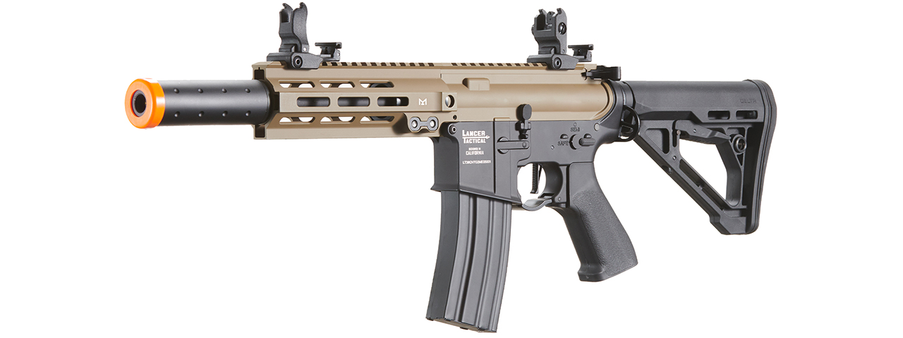 Lancer Tactical Blazer 7" M-LOK Proline Series M4 Airsoft Rifle with Delta Stock & Mock Suppressor (Color: FDE Upper Receiver & Black Lower)