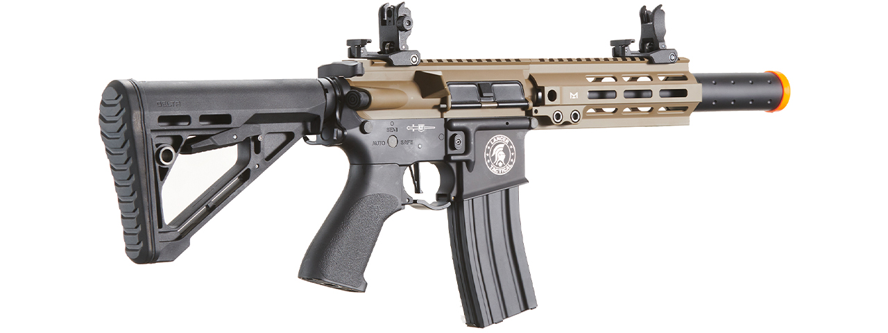 Lancer Tactical Blazer 7" M-LOK Proline Series M4 Airsoft Rifle with Delta Stock & Mock Suppressor (Color: FDE Upper Receiver & Black Lower)