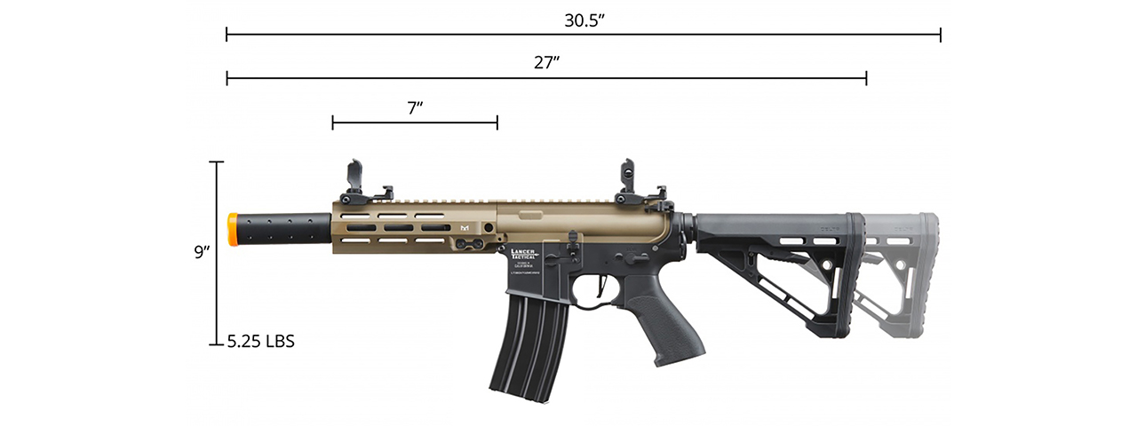 Lancer Tactical Blazer 7" M-LOK Proline Series M4 Airsoft Rifle with Delta Stock & Mock Suppressor (Color: FDE Upper Receiver & Black Lower)