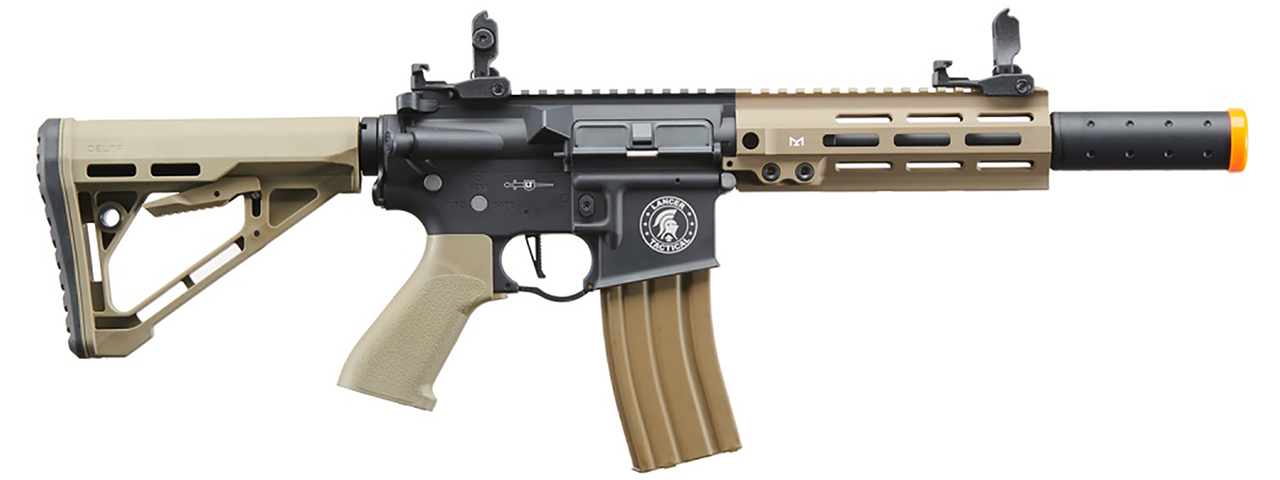 Lancer Tactical Blazer 7" M-LOK Proline Series M4 Airsoft Rifle with Delta Stock & Mock Suppressor (Color: Two-Tone)