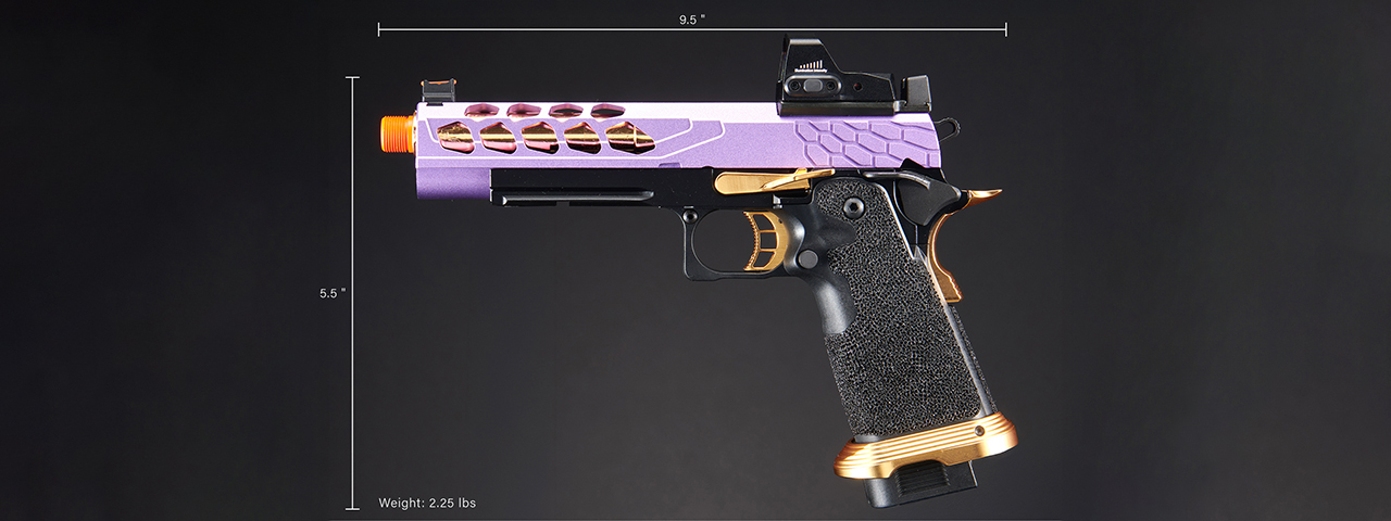 Lancer Tactical Stryk Hi-Capa 5.1 Gas Blowback Airsoft Pistol w/ Micro Red Dot Sight - (Purple & Gold)