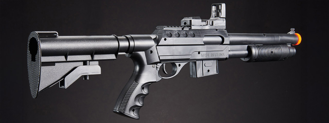 UKARMS M0581C Spring Shotgun with Pressure Switch Laser, Mock Red Dot Scope, Retractable LE Stock - (Black)