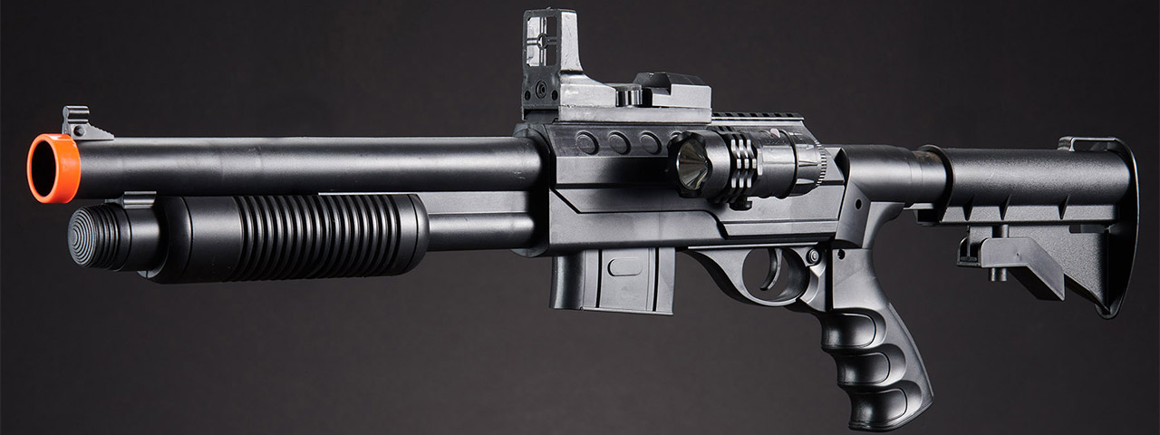 UKARMS M0581C Spring Shotgun with Pressure Switch Laser, Mock Red Dot Scope, Retractable LE Stock - (Black)