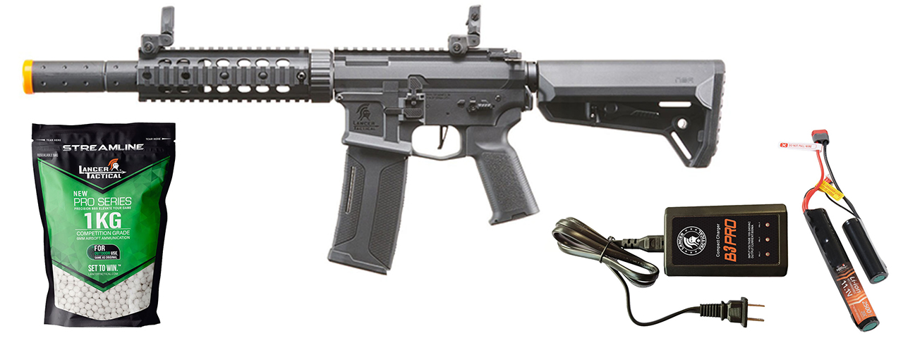Lancer Tactical Gen 3 M4 Carbine SD AEG w/ Ambidextrous NSR Receiver, NSR Stock & Mock Suppressor - (Black) - Gen 3 Starter Bundle